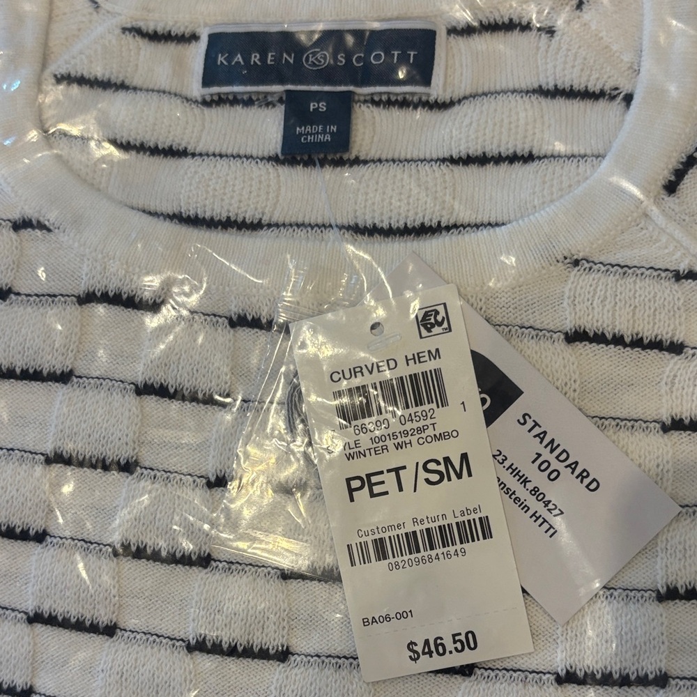 Karen Scott White and Black Striped Crewneck Sweater